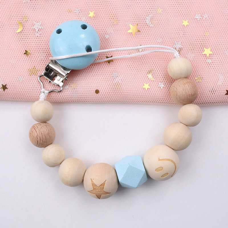 Wood Chew Bead Pacifier Clips Dummy Chain Holder Newborn Soother Chains Nipple Holder For Babies Teething Toy Baby Chew