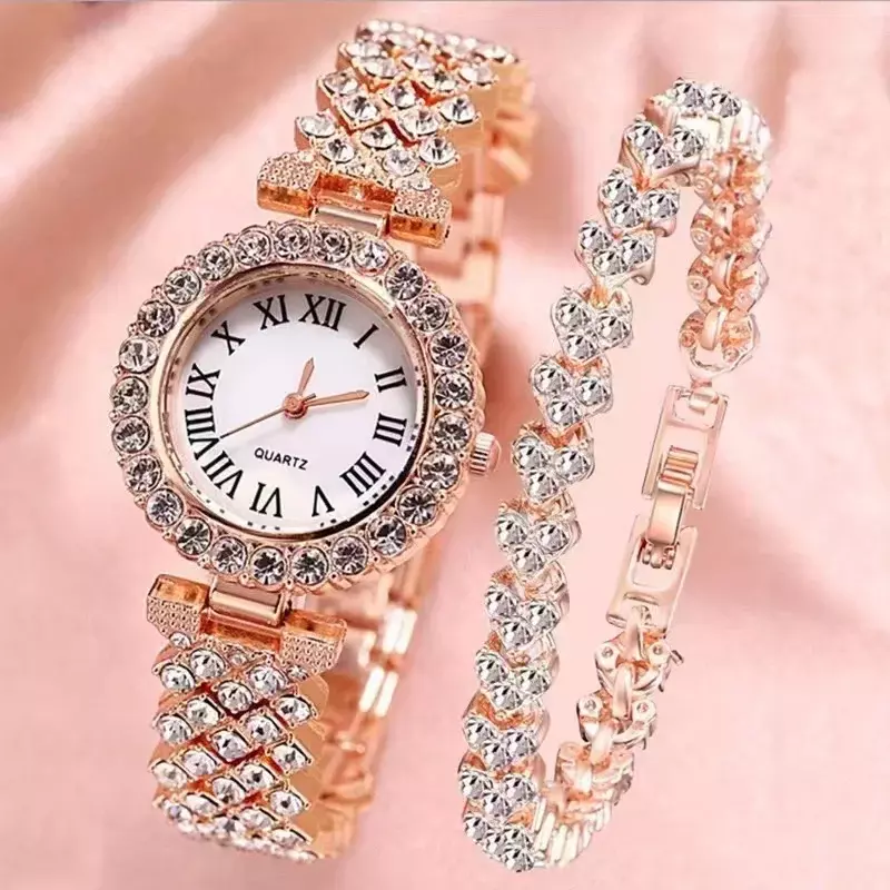 2/6pc Set Rose Gold Luxury Watch Women Ring Necklace Earring Rhinestone Fashion Wristwatch Casual Ladies Bracelet Watches