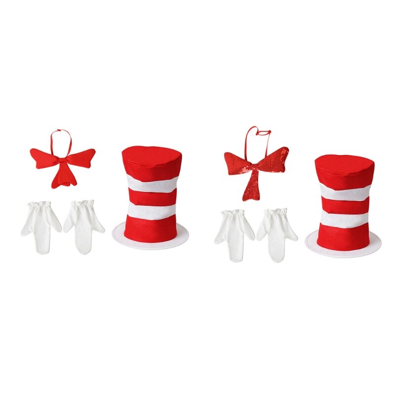 3 buah untuk Dr. Seuss Cosplay kostum Novel merah putih topi bergaris sarung tangan dasi kupu-kupu Ki Drop Shipping