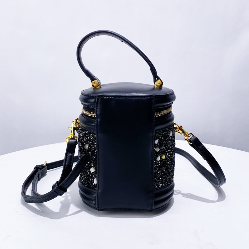 Tas selempang bahu Mini wanita, tas ember silinder untuk wanita, tas tangan desainer mewah, tas tangan dan dompet 2024 baru dalam mode payet berlian