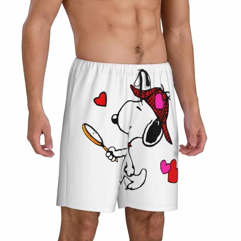 Custom Snoopy Woodstock Cartoon Animated Love Pajama Shorts for Men Sleepwear Lounge Bottom Stretch Sleep Short Pjs with Pockets