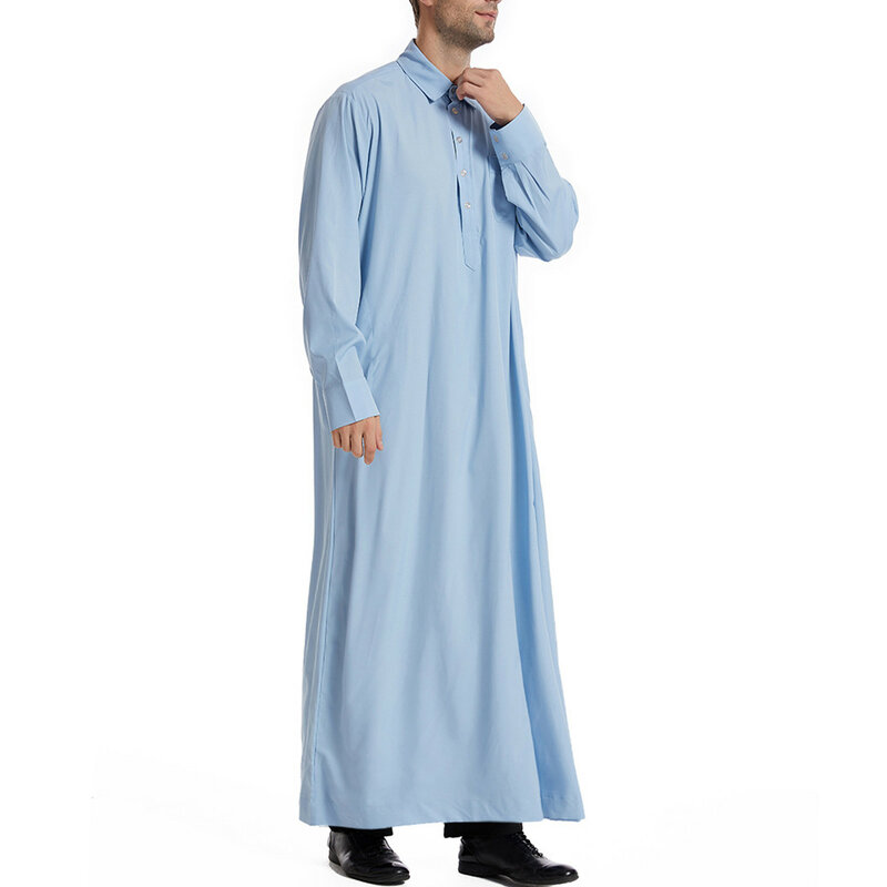Desainer musim semi musim panas kasual pria warna Solid kemeja lengan panjang longgar leher bulat jubah Disfraz Arabe Shirt إسلامية
