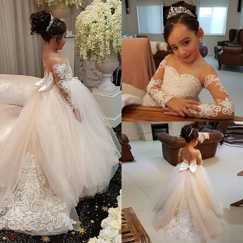 Ivory Lace Kids Flower Girl Dress For Wedding Long Sleeve Tulle Princess Party Pageant Dress For Girls Holy First Communion Gown