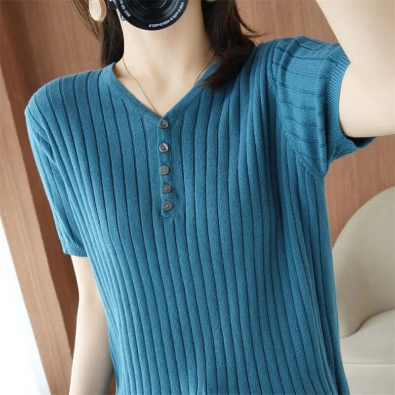 Suéteres de manga corta para mujer, camisa con cuello en V, prendas de punto coreanas, primavera y otoño, 2023