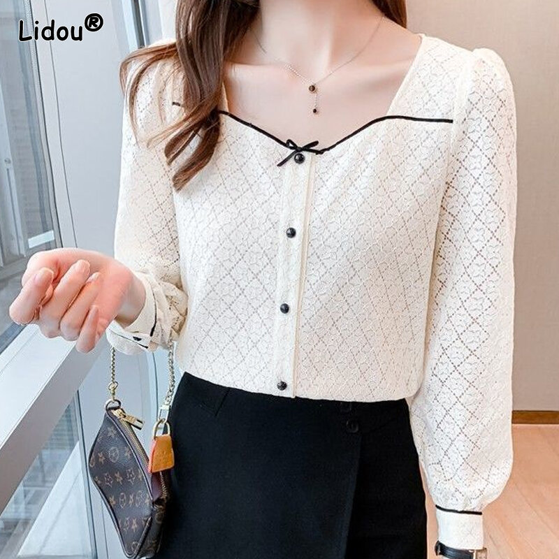 Thin Solid Blouses Patchwork Comfortable Square Collar Temperament Pullovers Elegant Fashion New Casual Women's Clothing 2023