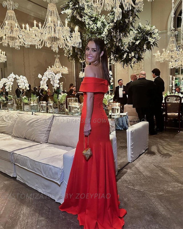 Vermelho longo cetim sereia vestidos de baile, fora do ombro, mangas curtas, vestidos de noite evento formal, feitos sob medida, elegante