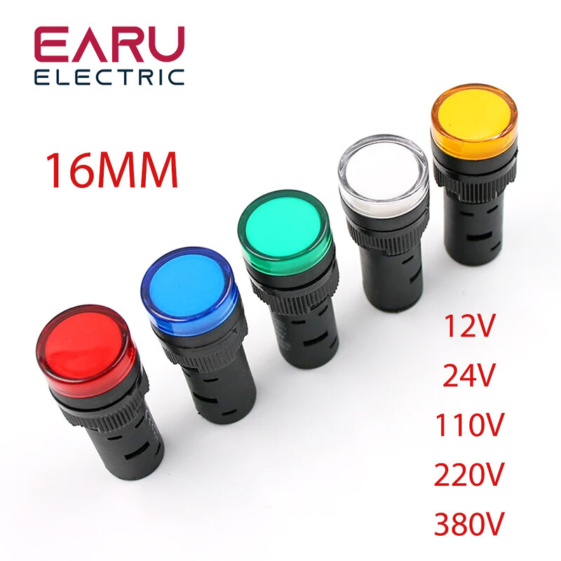 Voyant LED d'alimentation de signal monté sur panneau, bleu, vert, rouge, blanc, jaune, lampe pilote, AC, DC, 12V, 24V, 220V, AD16-16C, 1PC, 16mm
