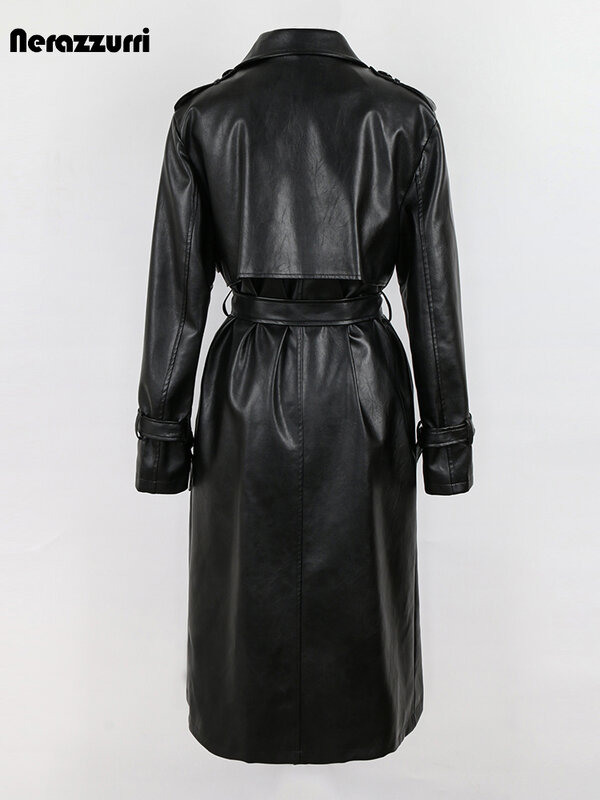 Nerazzurri-gabardina larga de cuero Pu para mujer, abrigo holgado de color marrón, negro y plateado, fajas, diseñador de lujo, moda europea, otoño, 2022