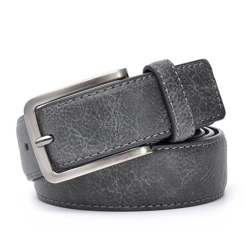 3.4cm Vintage Needle Buckle Belt Fashionable Men's Business Travel High Quality Daily Versatile Leather Belt Gray Dark Brown
