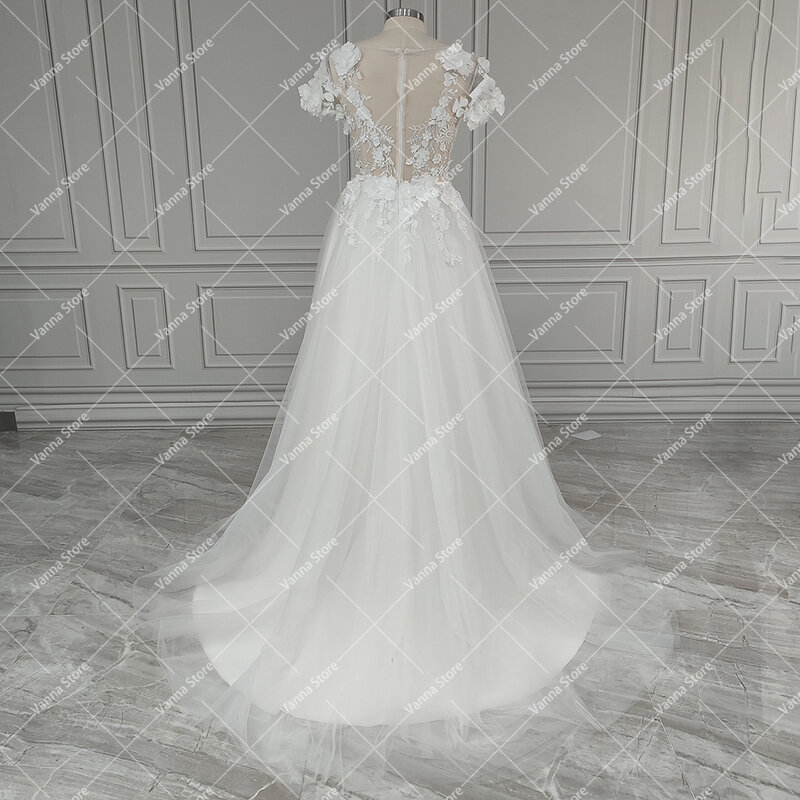 Romantic Appliqued Boho Bridal Gowns Short Cap Sleeves Vestido De Noiva Tulle 3D Flowers V-Neck Backless Beach Wedding Dress