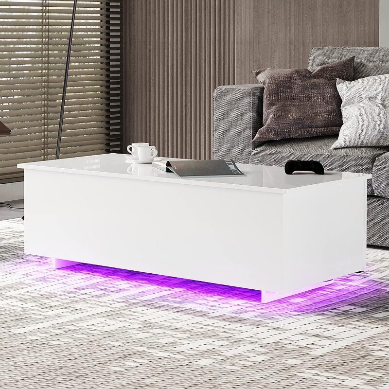Led Coffee Tables for Living Room - High Gloss Table with Led Lights, 20 Colors Controlled by Remote or App