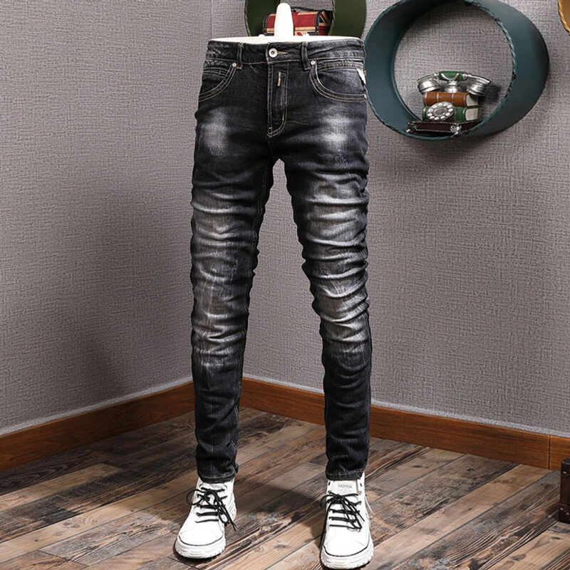 Джинсы мужские в стиле ретро, модные дизайнерские рваные джинсы Slim Fit, винтажные повседневные брюки из денима в итальянском стиле, Черные Серые