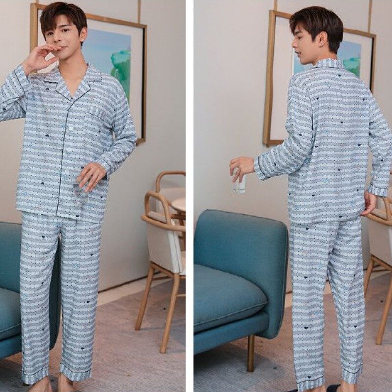 Весенняя хлопковая Шелковая пижама для мужчин, модель большого размера, Повседневная тонкая одежда для сна, простая Домашняя одежда с длинным рукавом
