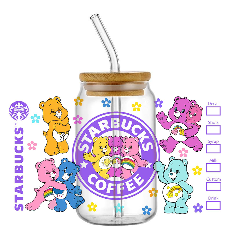 Наклейки Miniso в виде клубники с милым медведем, 16 унций, УФ, DTF, наклейки на чашки, пользовательские этикетки «сделай сам», водонепроницаемый логотип для стеклянной банки Libbey