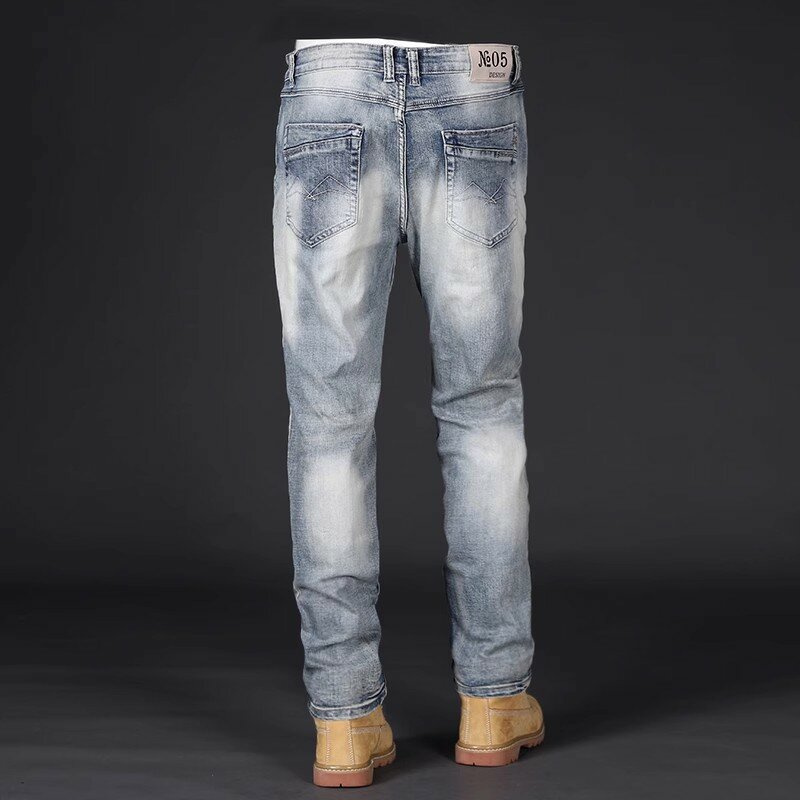 Nieuwe Designer Fashion Heren Jeans Retro Gewassen Blauwe Stretch Slim Fit Gescheurde Jeans Heren Borduurwerk Gepatchte Vintage Denim Broek
