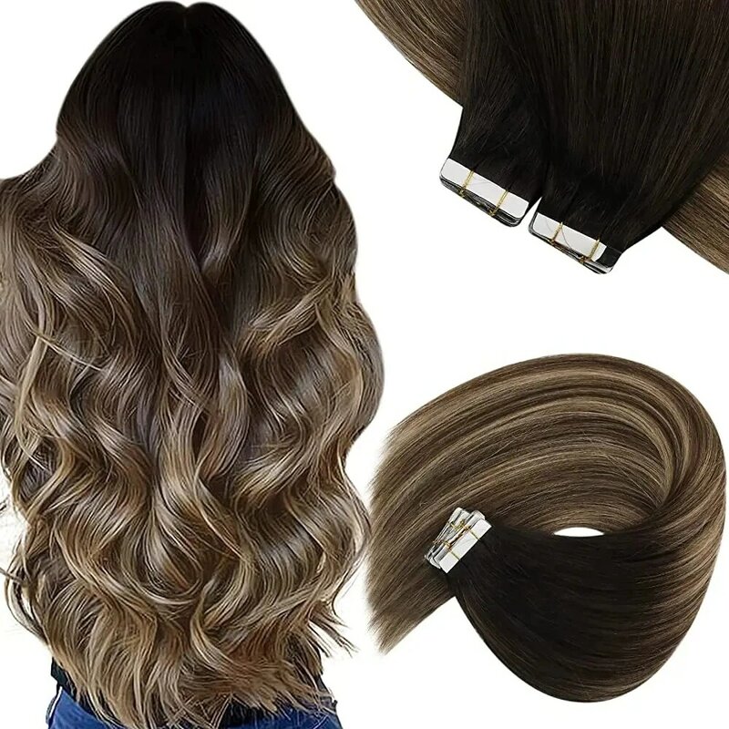 Vesunny Tape In Human Hair Extensions Zwart Balayage Menselijk Haar Zwarte Ombre Donkerbruin Balayage Caramel Blond Steil Haar