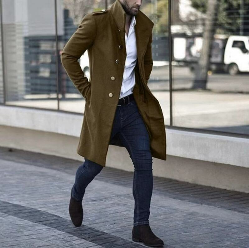 Мужское шерстяное пальто VOLALO, зимняя утепленная куртка с отложным воротником, повседневное однобортное длинное шерстяное черное пальто