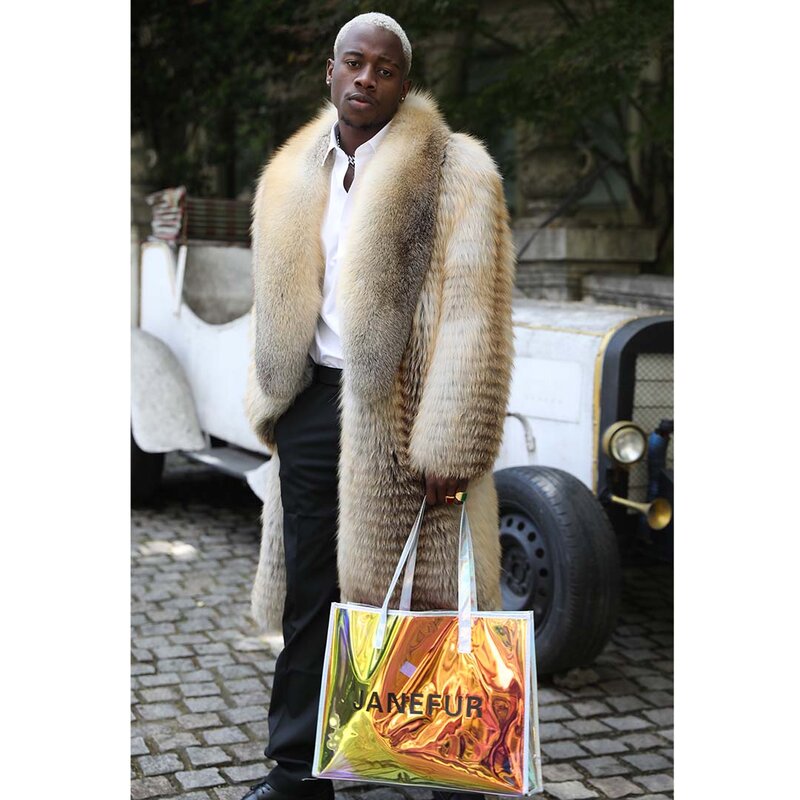 Wholeskin Men Golden Fox Fur Long Coats Shawl Collar Winter Overcoats Genuine Natural Fox Furs Jacket