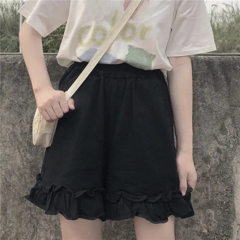 Шорты женские в стиле преппи с оборками, свободные универсальные Простые повседневные милые весенние шикарные с эластичным поясом в японском стиле для девушек