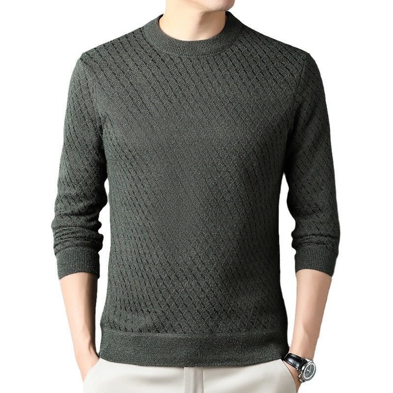 Sweater rajut berbantalan beludru untuk pria, sweter hangat kerah bulat lengan panjang, kemeja Dalaman rajut longgar tebal musim dingin