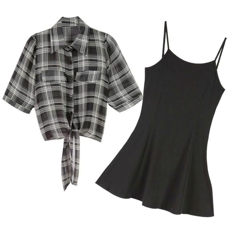 Conjunto vestido de duas peças feminino, camisa quadriculada com protetor solar emparelhada com alça preta, redução de idade, verão, novo, 2024