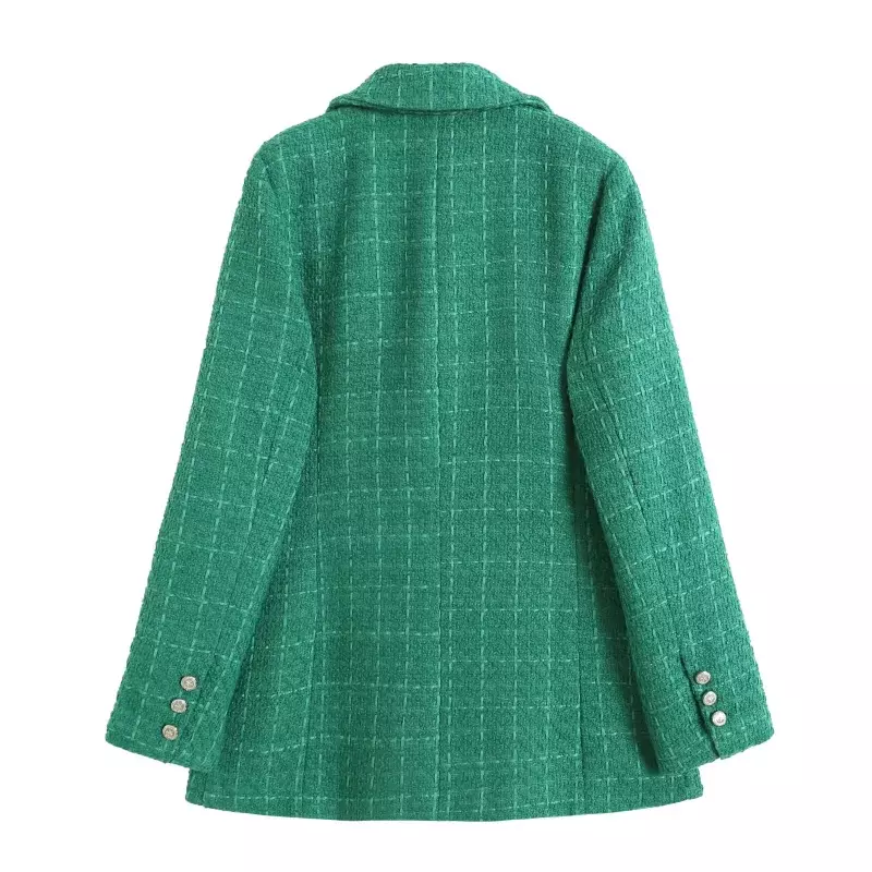 tweed 2023 Women Fashion Double Breasted Houndstooth Blazer Coat Vintage Long Sleeve Flap Pockets Female Outerwear Chic Vestes