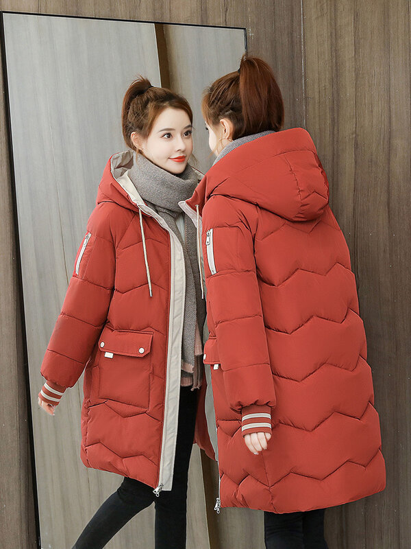 Mantel katun wanita, jaket mantel katun warna kontras longgar dan tebal musim dingin panjang sedang