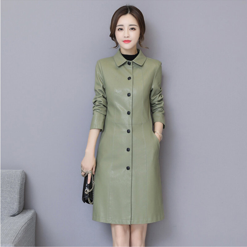 New Women Leather Coat Spring Autumn Fashion Chic Small Turn-down Collar Slim Sheepskin Tops Coat Long Split Leather Outerwear