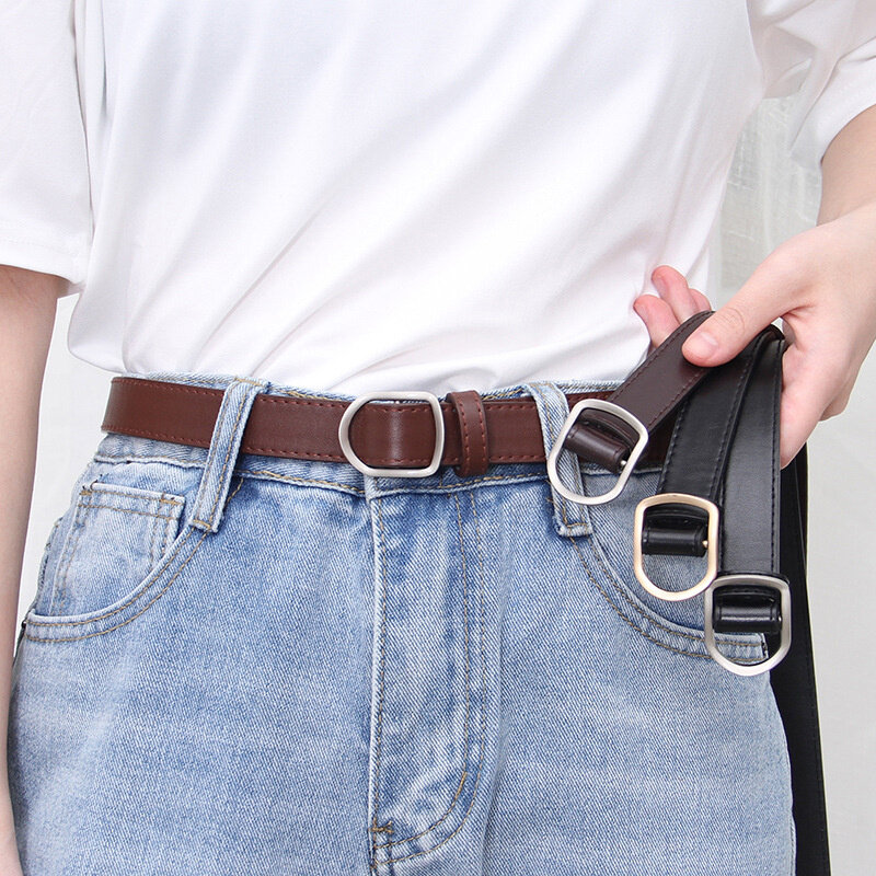Fashion Nonporous Women's Thin Belt Simple Korean Metal Buckle PU Leather Belts Jeans Dress Decorative Waist Strap