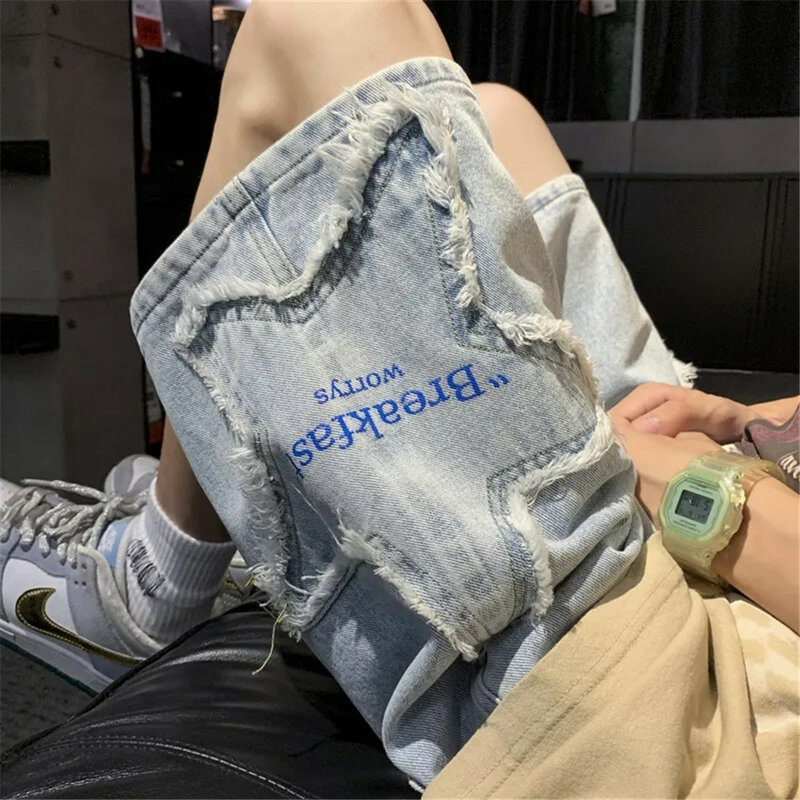 Женские джинсовые шорты с вышивкой пентаграммы, повседневные готические свободные шорты Y2k с высокой талией в стиле хип-хоп, уличная одежда в стиле Харадзюку, джинсовые шорты в Корейском стиле