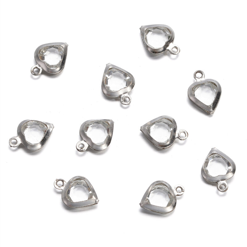 10pcs/Lot 7.5mm Stainless Steel Heart with Rhinestones Charms Pendants for Necklace Bracelet Pendant DIY Jewelry Making Supplies