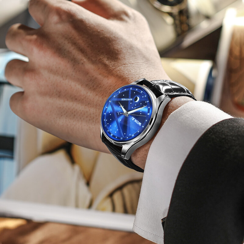 WOKAI 고품질 패션 블루 별자리 남자 가죽 벨트 쿼츠 시계 남자 비즈니스 스포츠 시계 간단한 복고풍