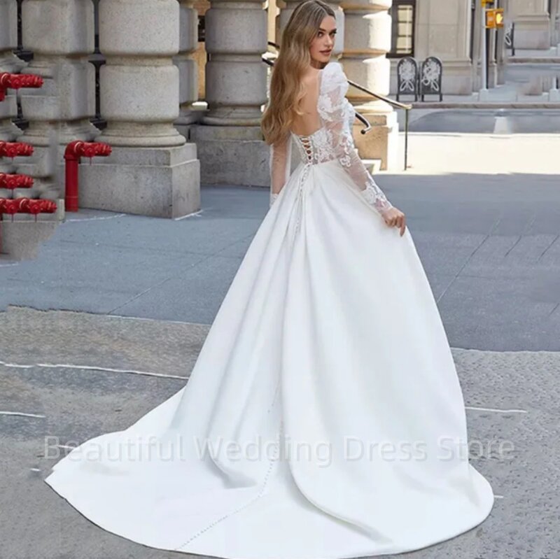 Simple Sweetheart Weeding Dress Long Sleeve Lace Up Modern Split Appliques Backless Floor Length Bride Gown Robe De Mariée