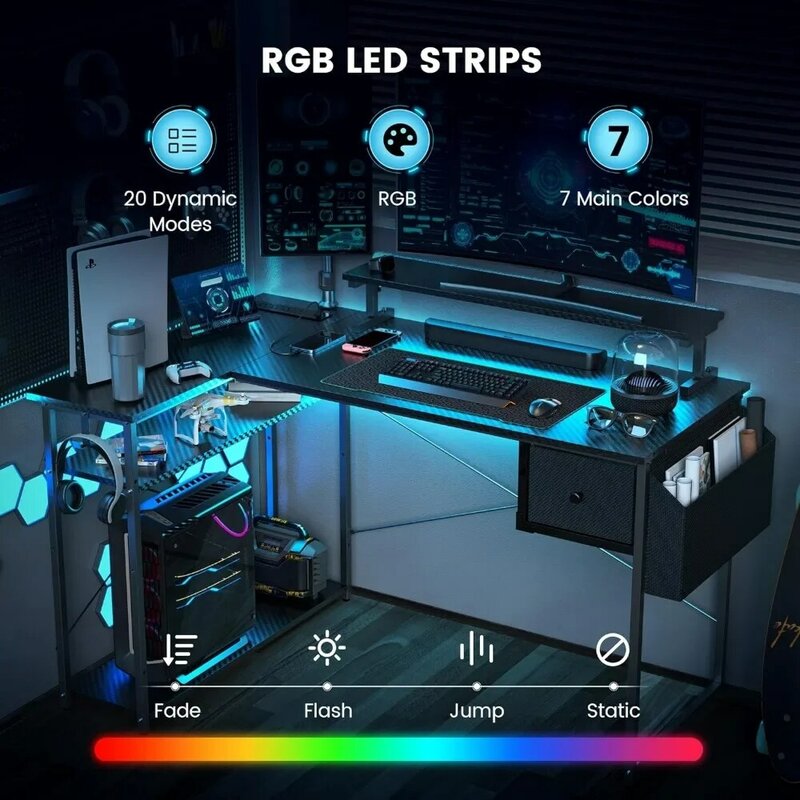 Table de jeu en forme de L avec lumières LED, table de jeu pour ordinateur, support rapide réglable, noir, crochet de rangement, 47 po