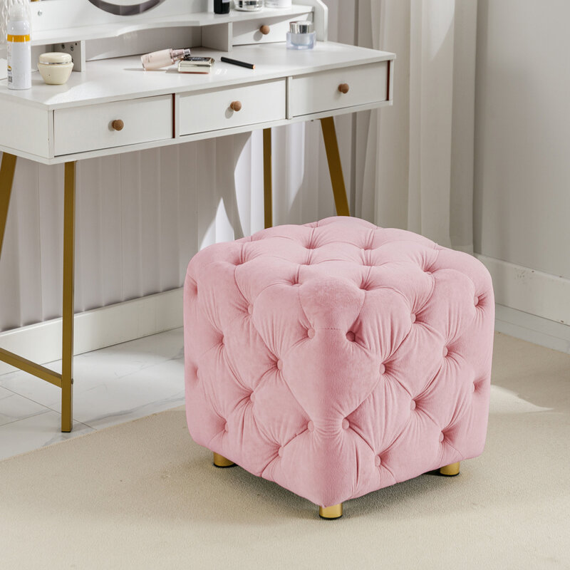 Pouf imbottito moderno in velluto rosa morbido e tavolino squisito per un comodo soggiorno e camera da letto, piede elegante