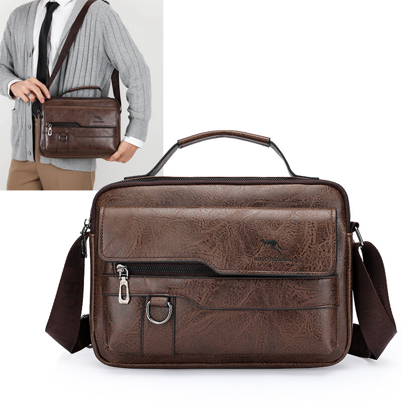Bolsa de mão maleta de couro PU para homens, bolsa mensageiro cruzada, bolsa de escritório, carteiras quadradas iPad, bolsa lateral de ombro crossbody