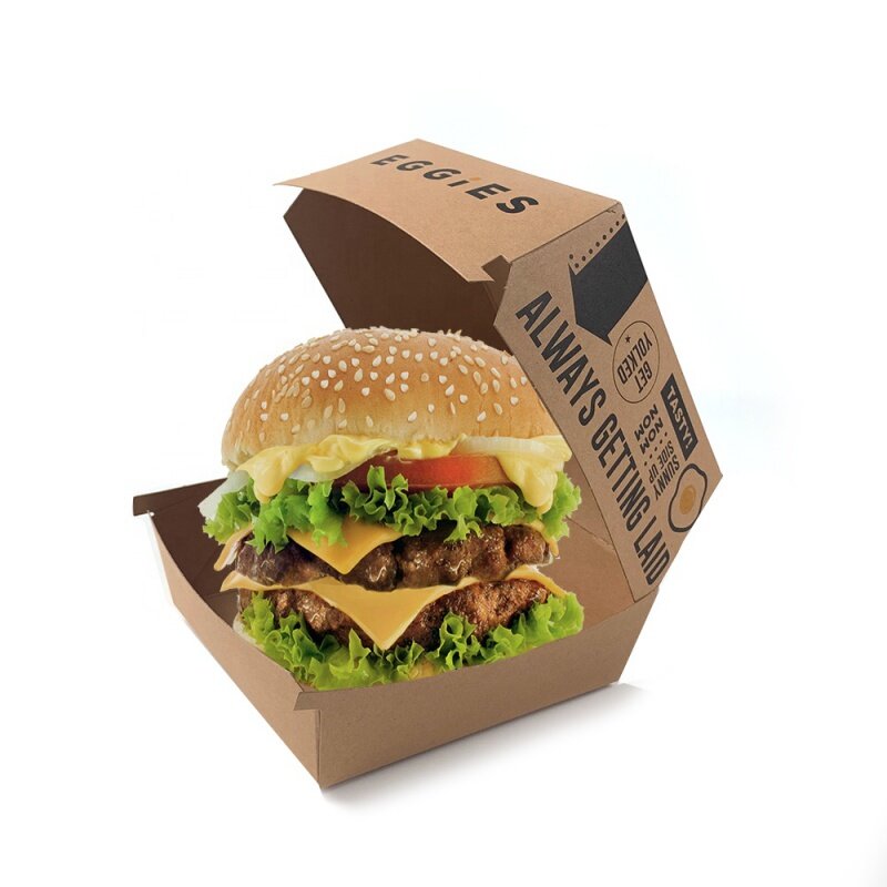 Op Maat Gemaakte Productcustom Wegwerp Food Grade Kartonnen Hamburger Afhaalverpakking Kraftpapier Clamshell Burger Doos