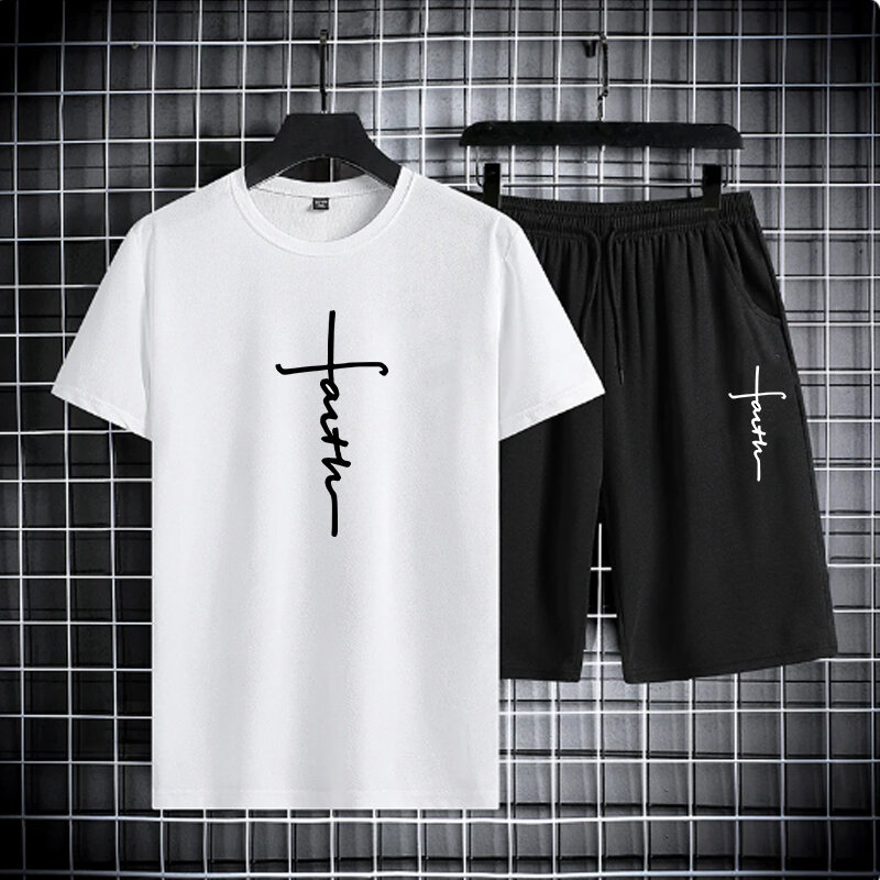 Conjunto de 2 piezas para hombre, con estampado Camiseta holgada, manga corta, estilo Harajuku, informal, transpirable, ropa de calle para playa y verano