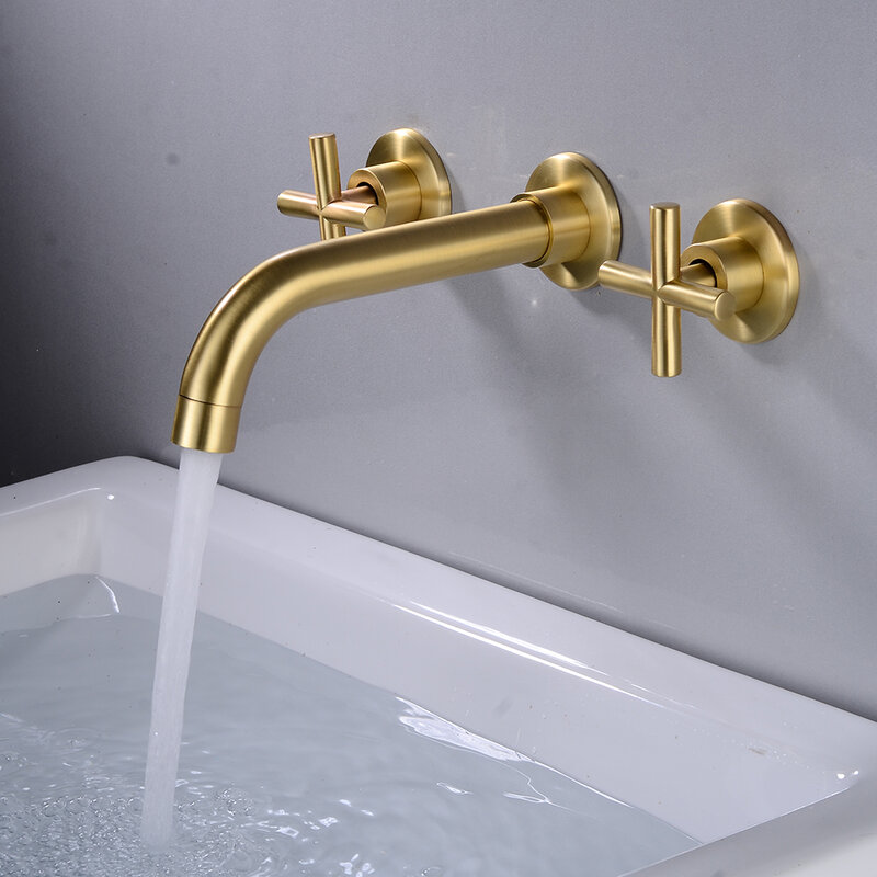 Brushed Faucet Gold Dual Handles Wall Mount Basin Tub Mixer 3 PCs Faucet Taps