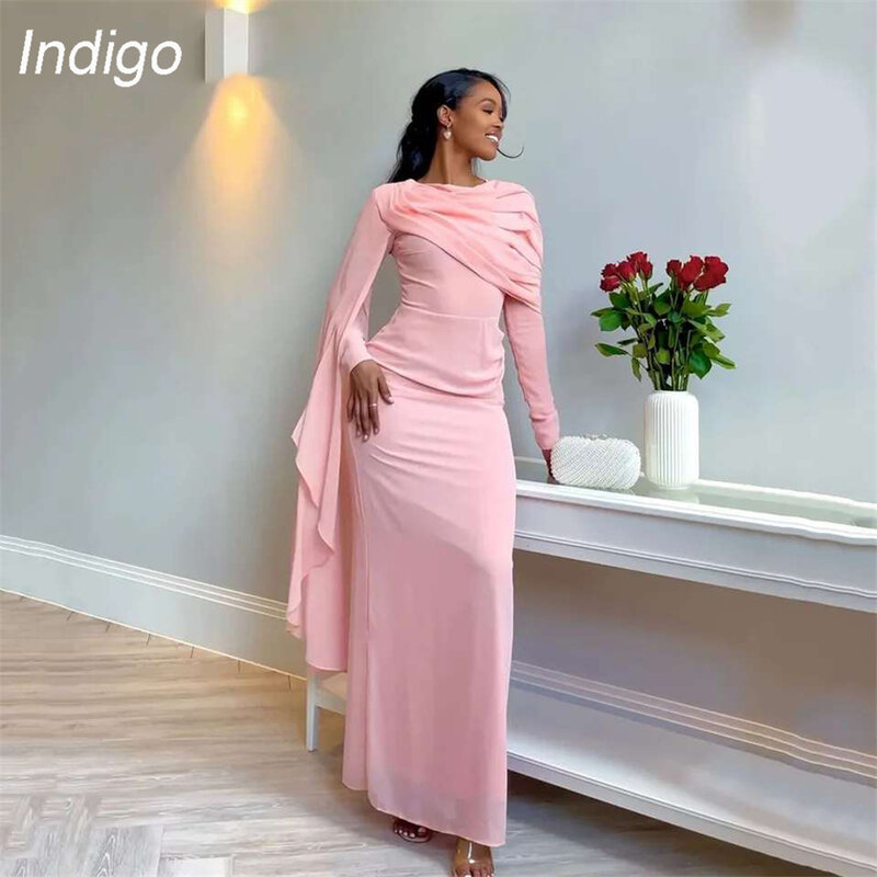 Indigo-Vestidos de Fiesta de sirena para mujer, vestido de noche Formal elegante de satén con cuello redondo y manga larga plisada hasta el tobillo, 2024