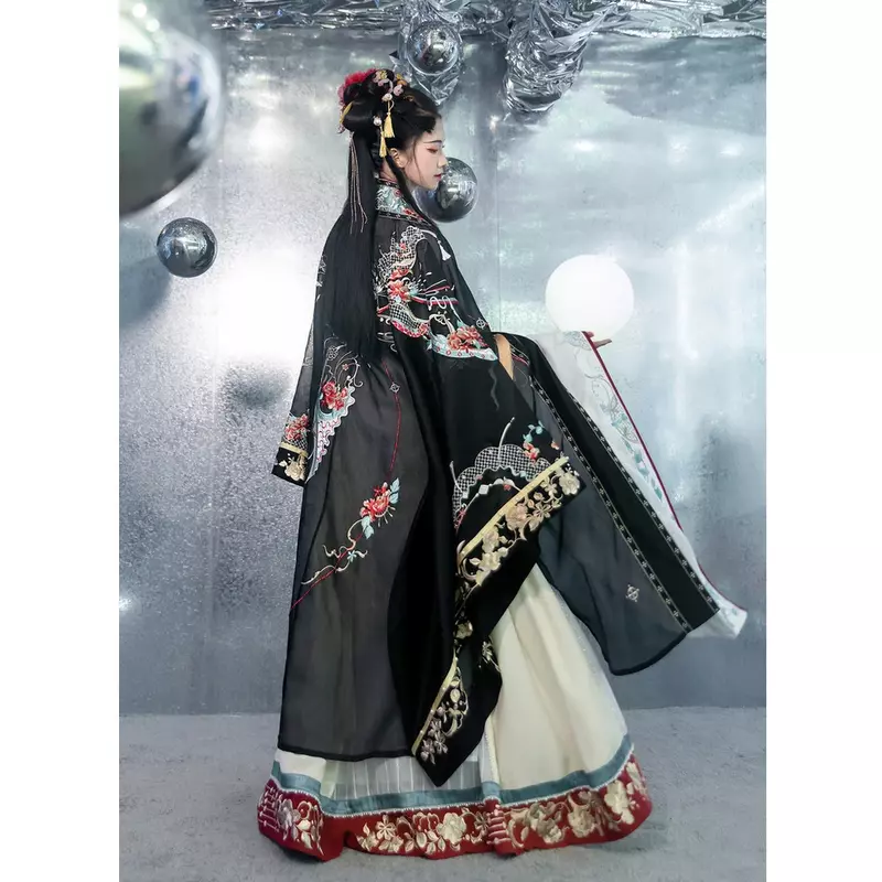 HanshangHualian Biyue Space 블랙 중국 전통 원피스 한푸 로브, 여성 요정 커플, 오리지널 풀 가슴 세트, 가을 옷