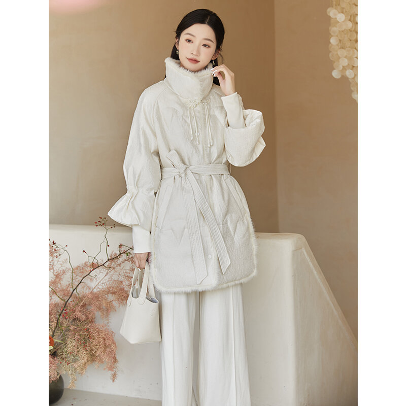 Jaqueta retrô estilo chinês feminina, fivela, 90 pato branco, espessada, solta, inverno