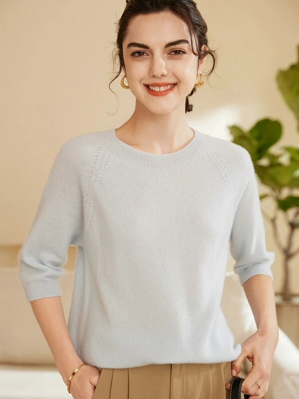 Hochwertige Frühling Sommer Frauen O-Ausschnitt Kurzarm Pullover 100% Kaschmir Strickwaren weibliche T-Shirt reine Farbe Frauen Pullover