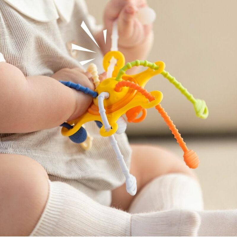 Mainan Gigit 3 in 1 mainan sensorik bayi PP silikon keamanan mainan tali tarik bayi mainan Montessori pegangan jari pelatihan bayi