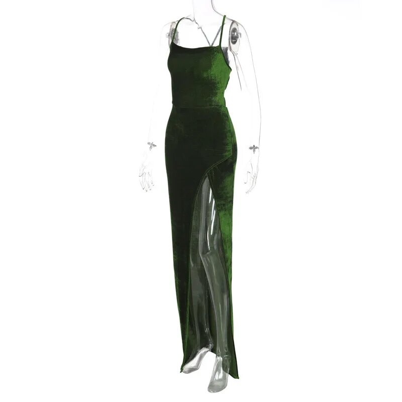 Elegante vestido de festa feminino, fenda lateral, bodycon sem costas, vestido de baile sexy, roupa com renda, pulseira de veludo verde, maxi para mulheres