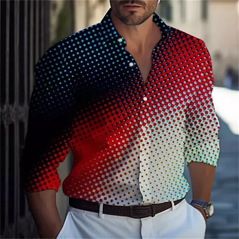 قميص رجالي كاجوال بطبعة هندسية متدرجة ، ياقة بأزرار ، قماش مريح وناعم ، تصميم مصمم للشوارع ، عصري
