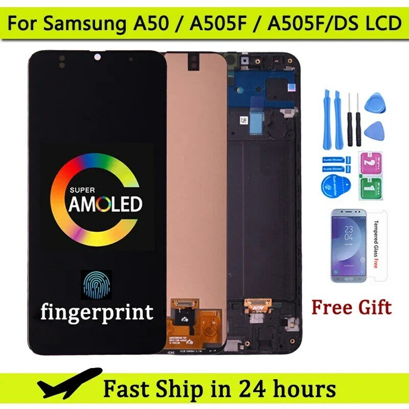 슈퍼 AMOLED LCD 디스플레이 터치 스크린 디지타이저, 프레임 포함, 삼성 A50 SM-A505FN DS A505F DS A505