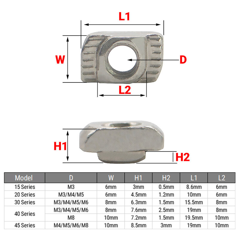 10Pcs M3 M4 M5 M6 M8 Drop In T Nut Hammer Head Sliding Nut Fasten Connector for 20/30/40/45 Series Aluminum Extrusion Profile