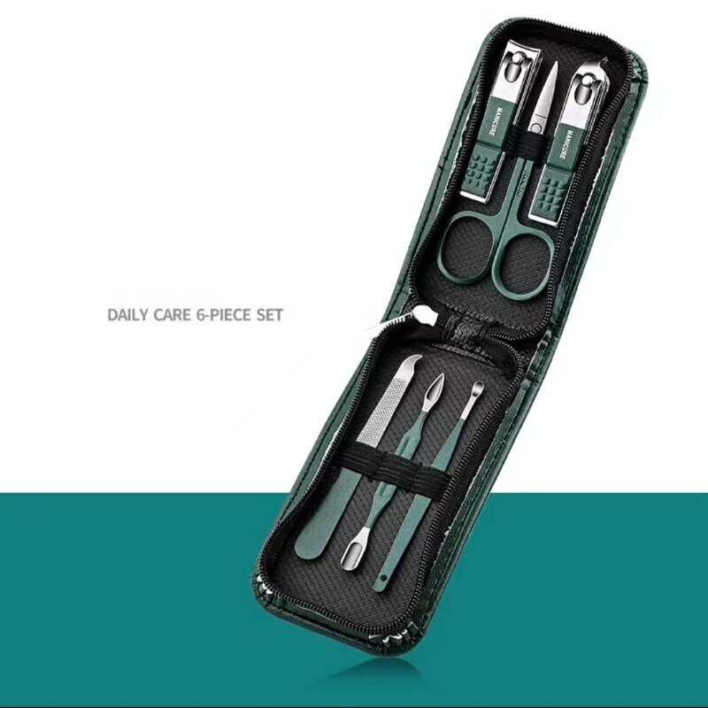 Stainless Steel Nail Clipper Sets Best Gift Green 6 Pcs Manicure Set With Leather Case Professional Foot And Face Care Tool Kits