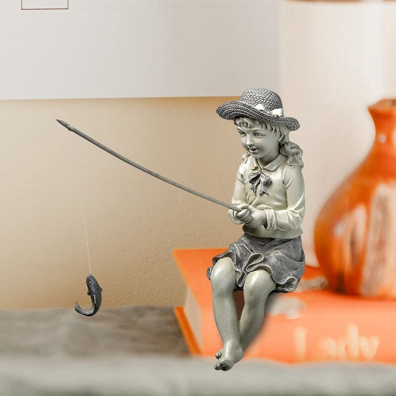 Cartoon Fisher Girl Figurine Resin Fisherman Sitting Posture Statue Pool Decor Girl Figurine Decor Sculpture Home Yard